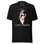 Black T-shirt with cool vape shirt for men design featuring a smoking woman in a bikini and Lucke Ladybug text
