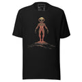 LuckeLadybug black cosmic outer space shirt featuring an alien standing on a rocky surface