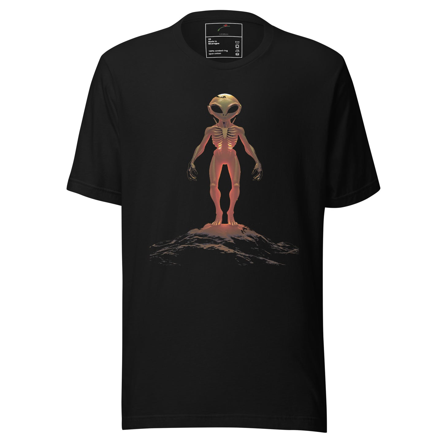 LuckeLadybug black cosmic outer space shirt featuring an alien standing on a rocky surface