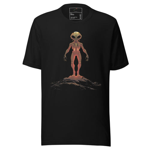 LuckeLadybug black cosmic outer space shirt featuring an alien standing on a rocky surface