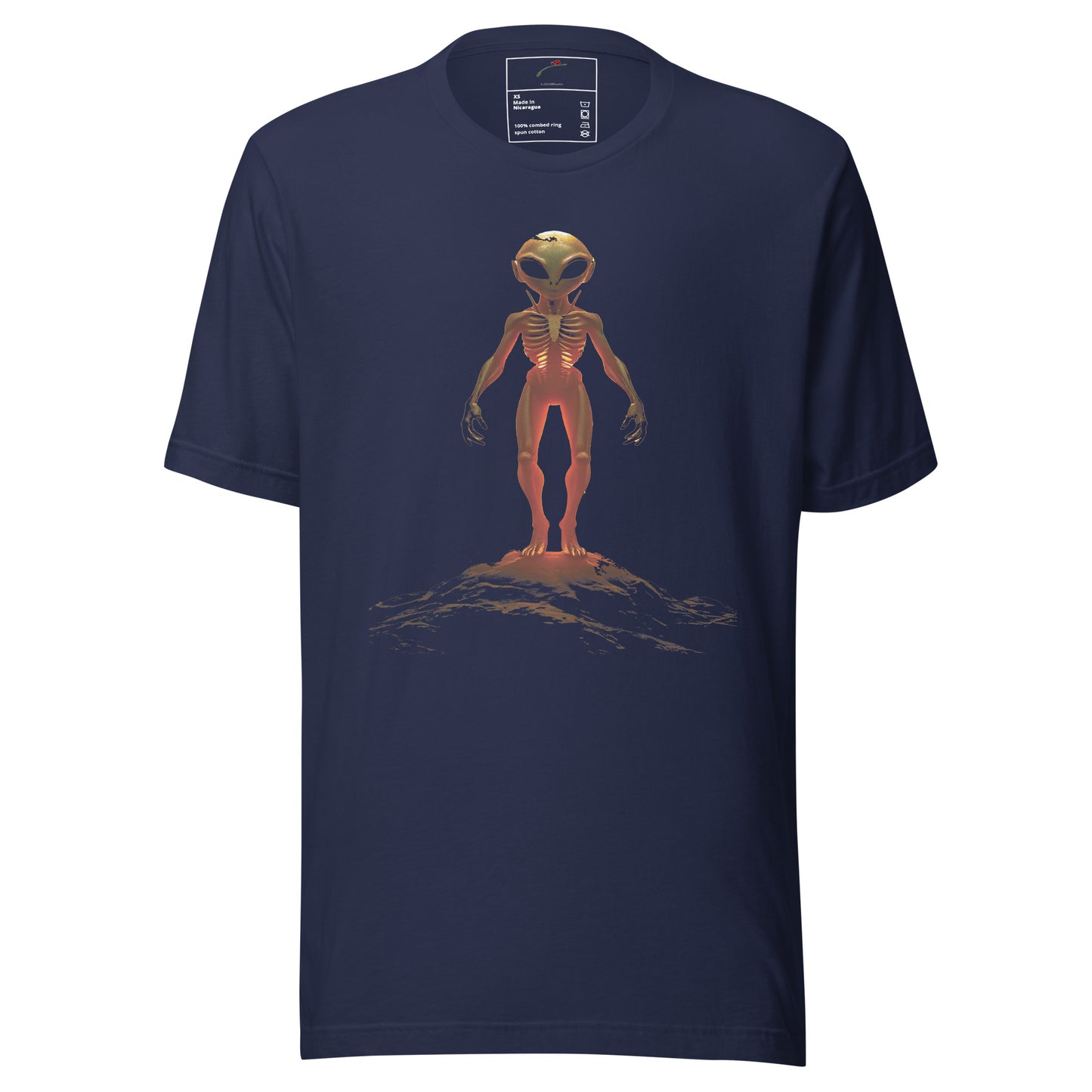 LuckeLadybug cosmic outer space shirt with orange alien standing on a rocky surface on navy blue T-shirt