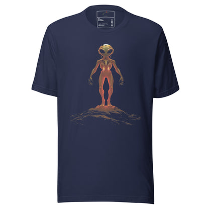 LuckeLadybug cosmic outer space shirt with orange alien standing on a rocky surface on navy blue T-shirt
