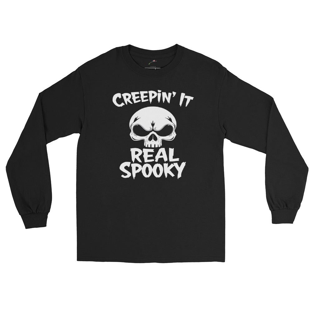 LuckeLadybug black long sleeve creepin it real t-shirt with white skull graphic and spooky text