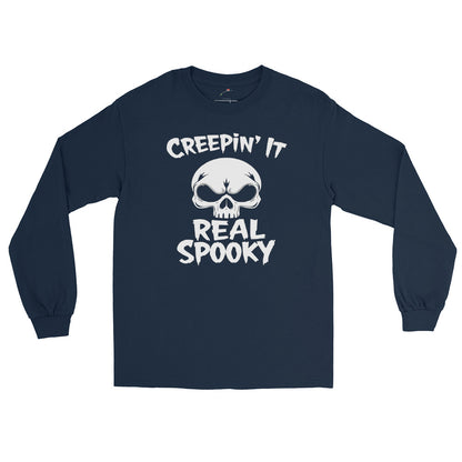 LuckeLadybug navy long sleeve tee with skull graphic and Creepin It Real Spooky slogan creepin it real t-shirt