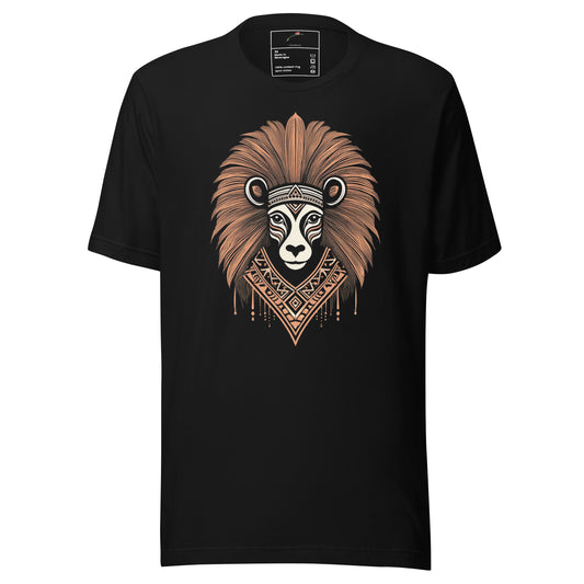 Black T-shirt by LuckeLadybug featuring a tribal-style lion design cultural roots graphic tee