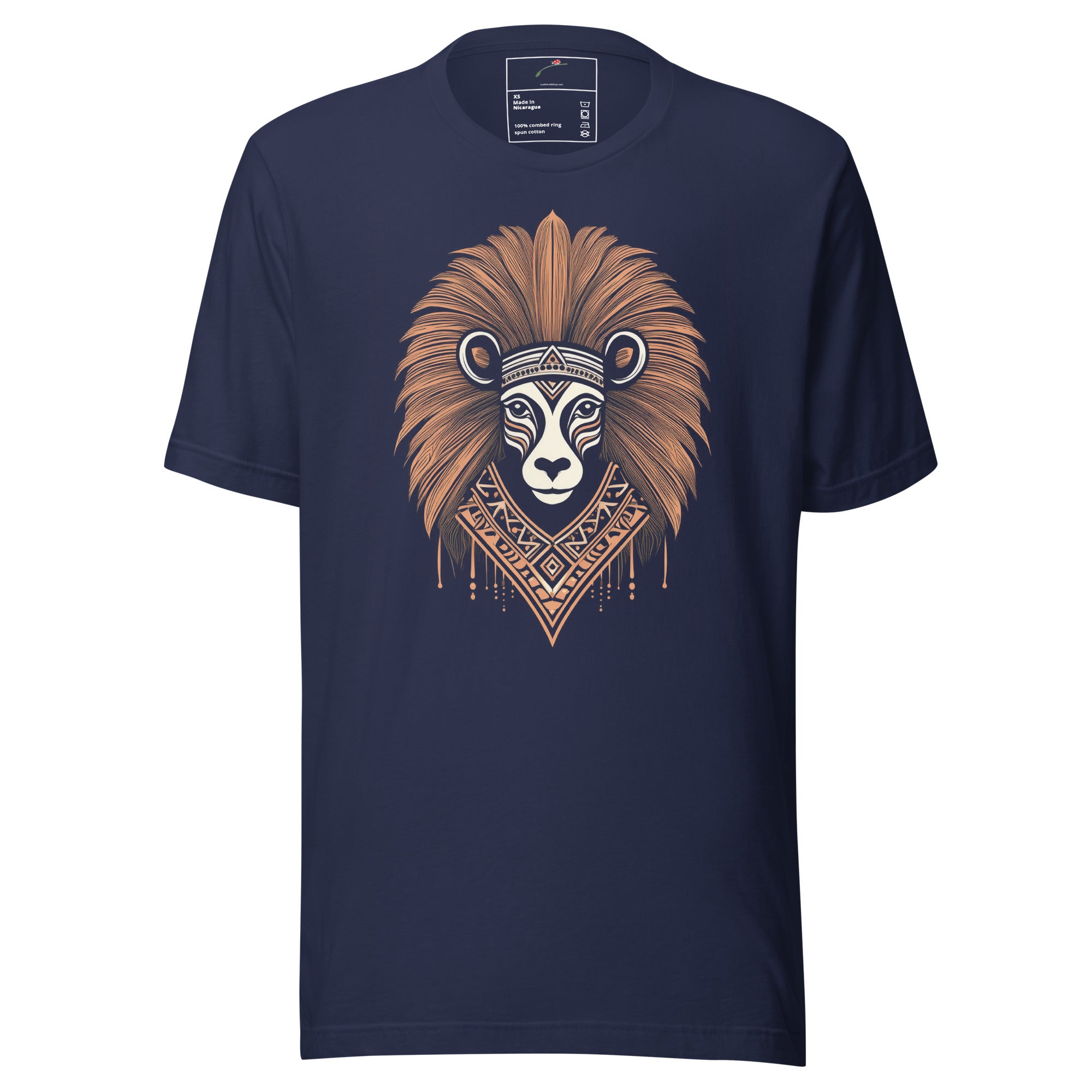 LuckeLadybug navy T-shirt with cultural roots graphic tee lion head and tribal design
