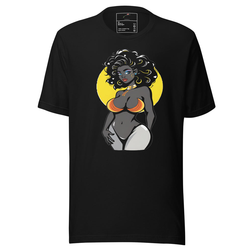 Black T-shirt featuring curvy woman illustration shirt with vibrant colors and bold design