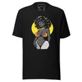 Black T-shirt featuring curvy woman illustration shirt with vibrant colors and bold design