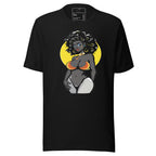 Black T-shirt featuring curvy woman illustration shirt with vibrant colors and bold design