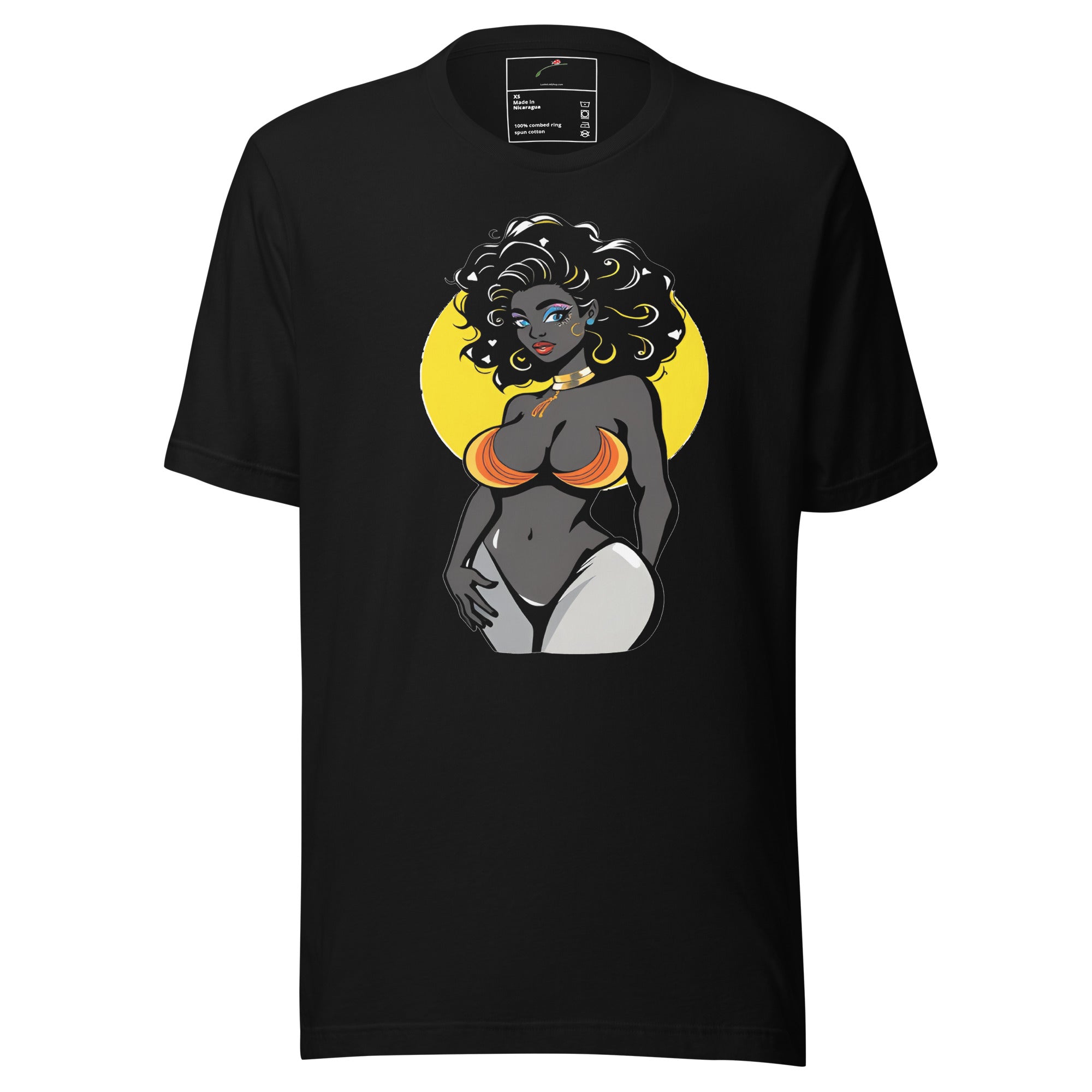 Black T-shirt featuring curvy woman illustration shirt with vibrant colors and bold design