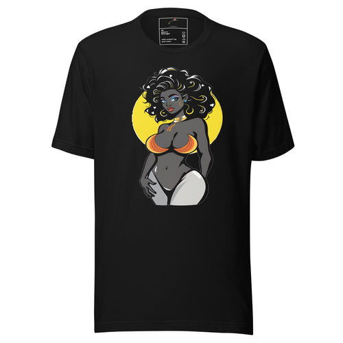 Black T-shirt featuring curvy woman illustration shirt with vibrant colors and bold design