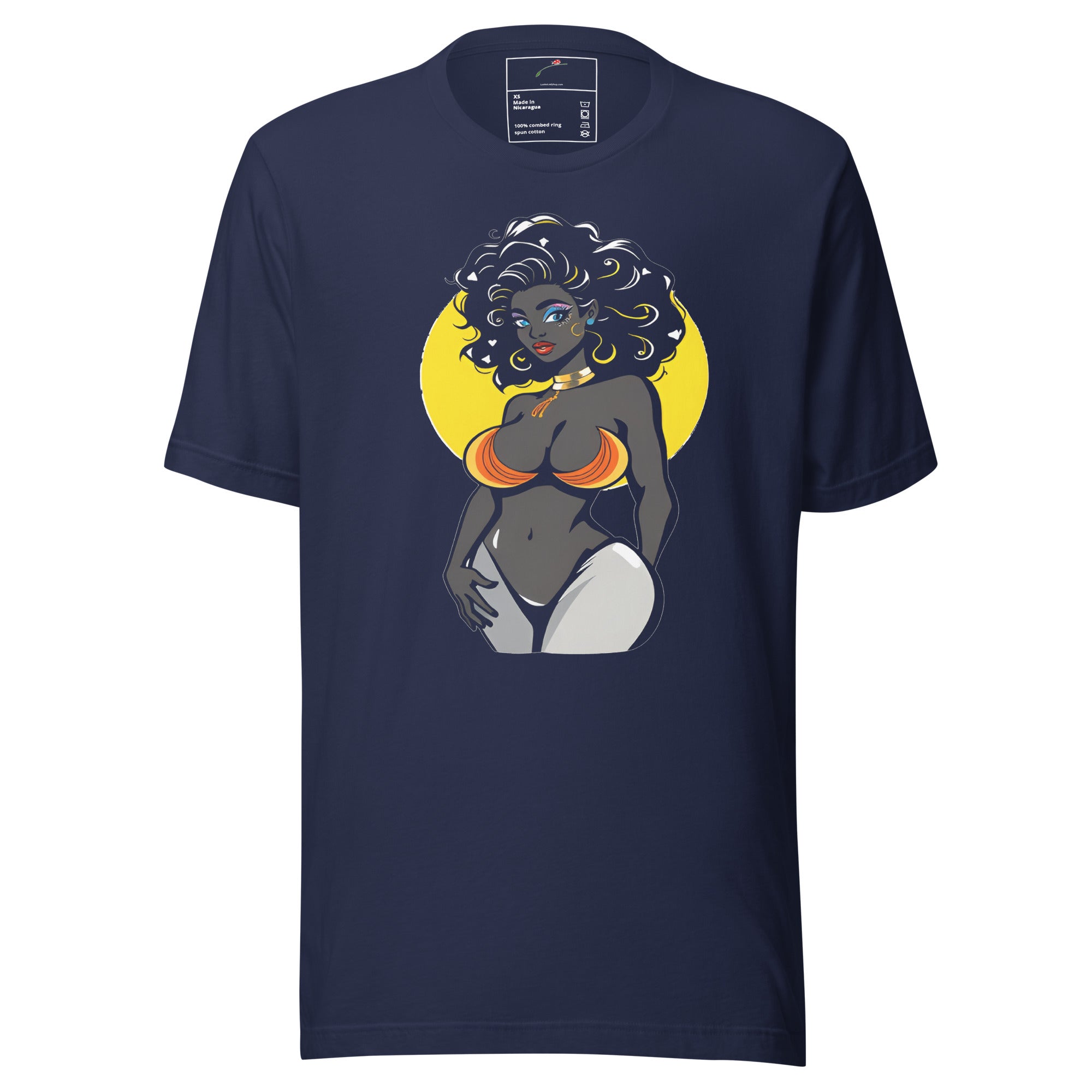 navy t-shirt featuring curvy woman illustration shirt with bold colors and stylish design