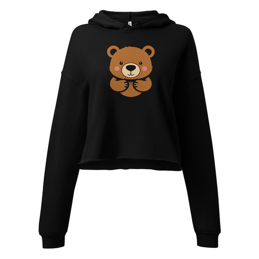 Black cute bear crop top hoodie with a brown bear graphic and long sleeves