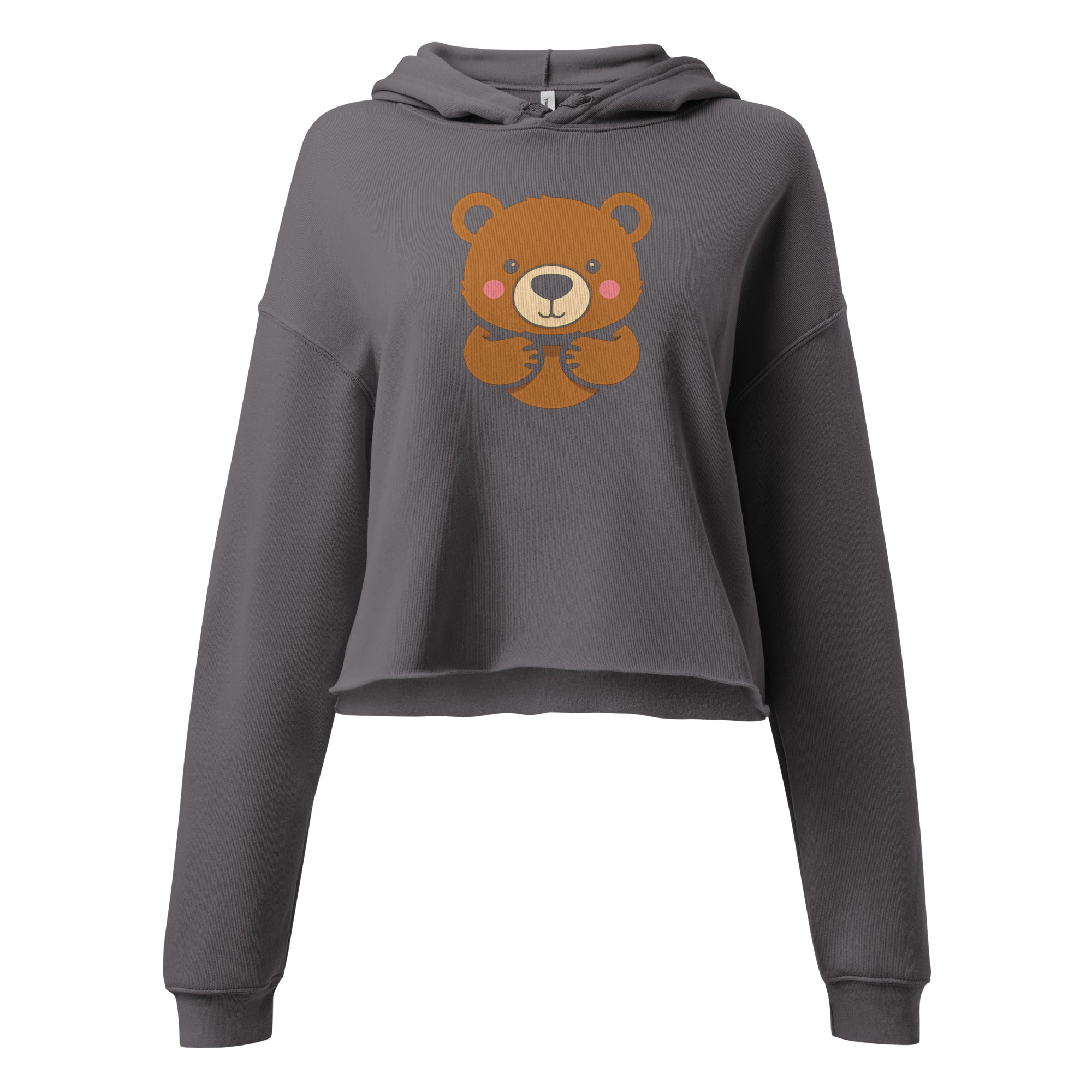 LuckeLadybug cute bear crop top hoodie in dark gray with a cartoon bear graphic on the front