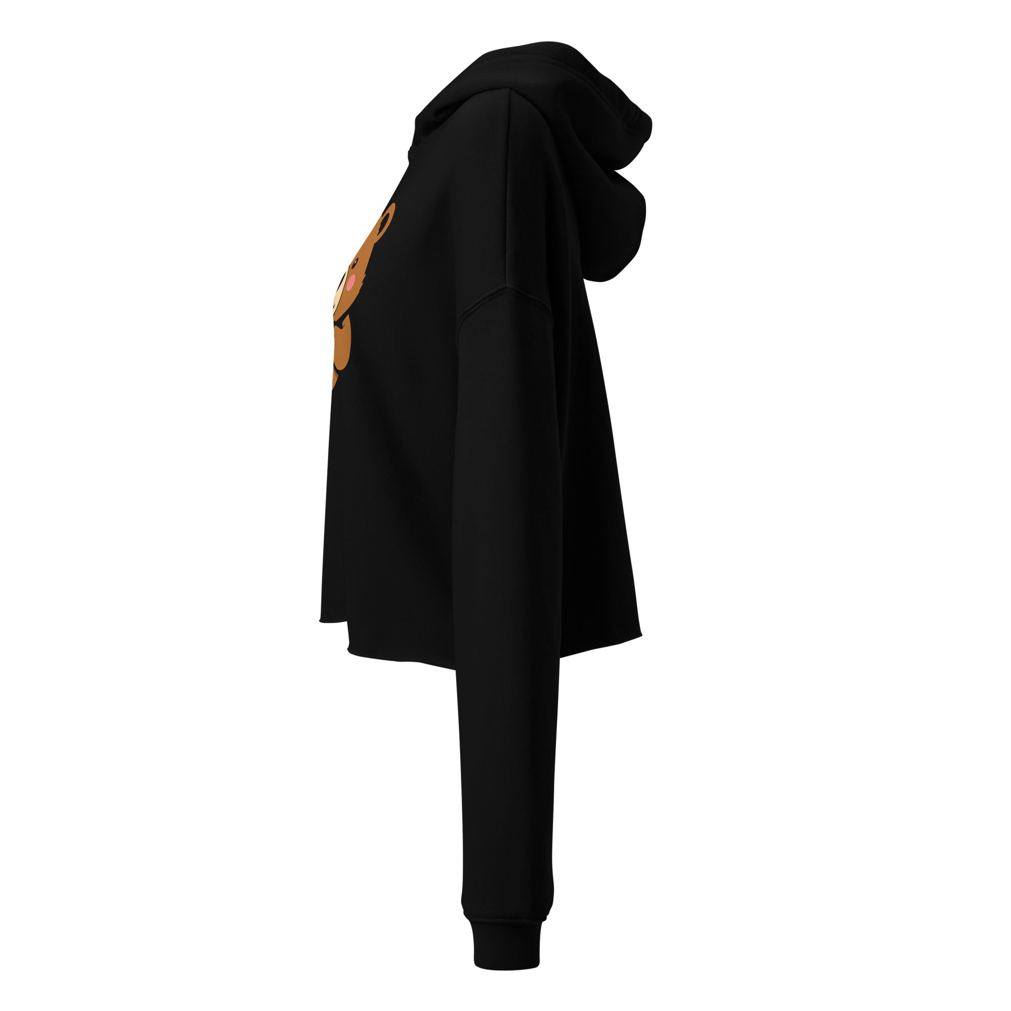 Side view of black cute bear crop top hoodie with long sleeves and hood by LuckeLadybug