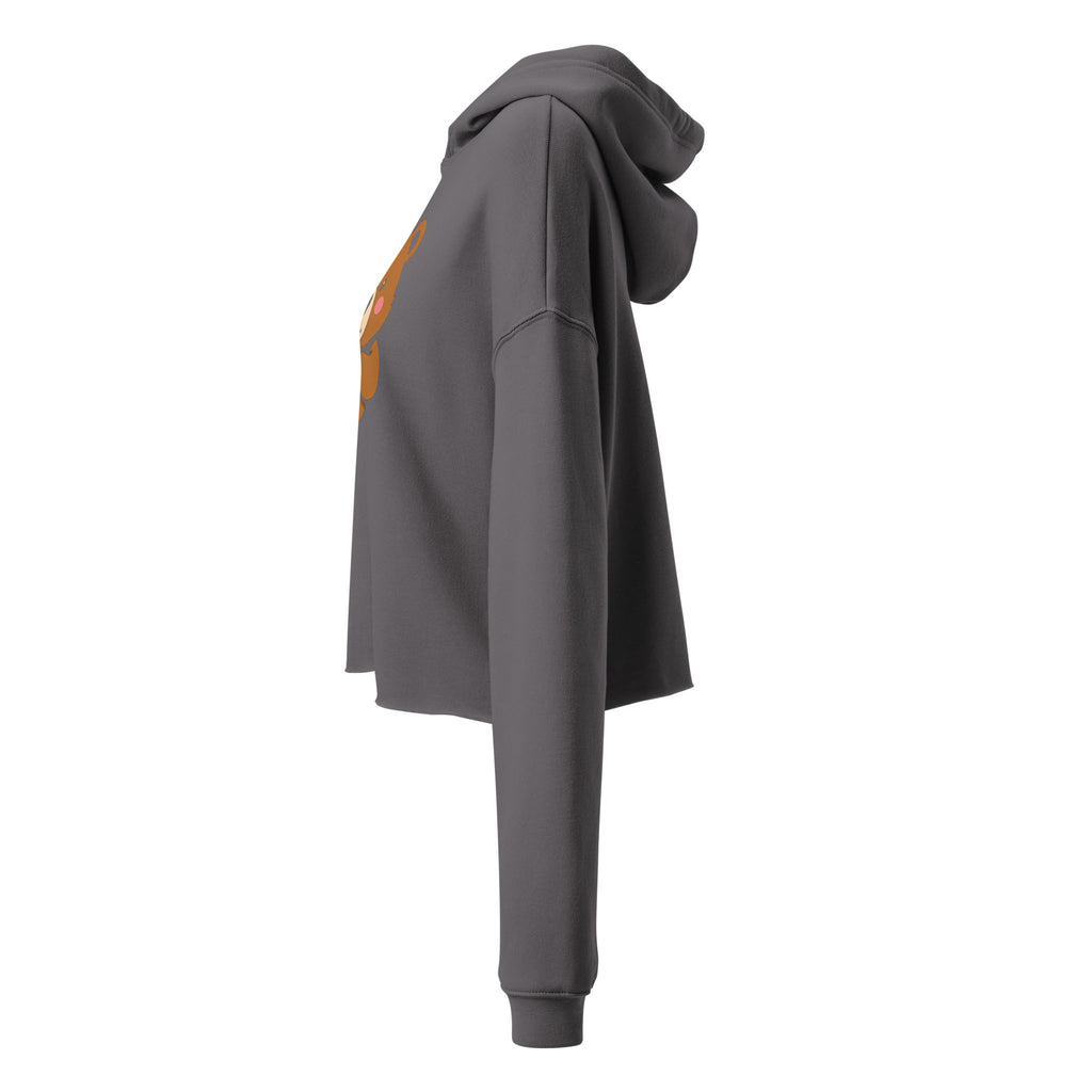 Side view of LuckeLadybug cute bear crop top hoodie in gray with long sleeves and a hood