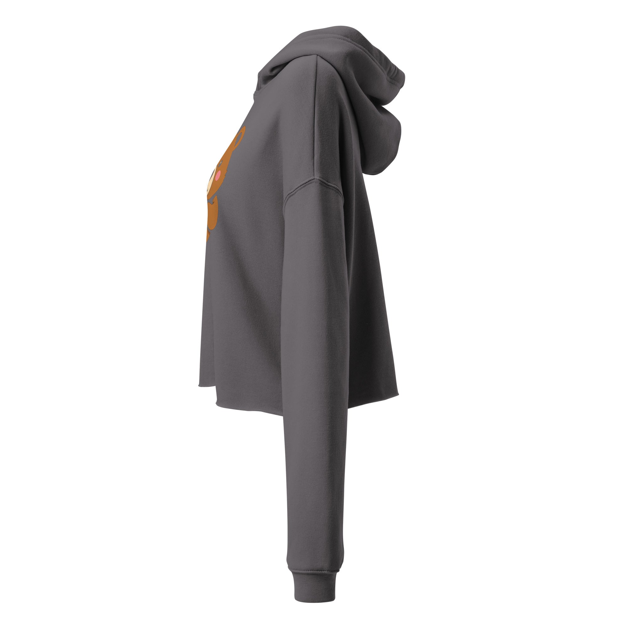 Side view of LuckeLadybug cute bear crop top hoodie in gray with long sleeves and a hood