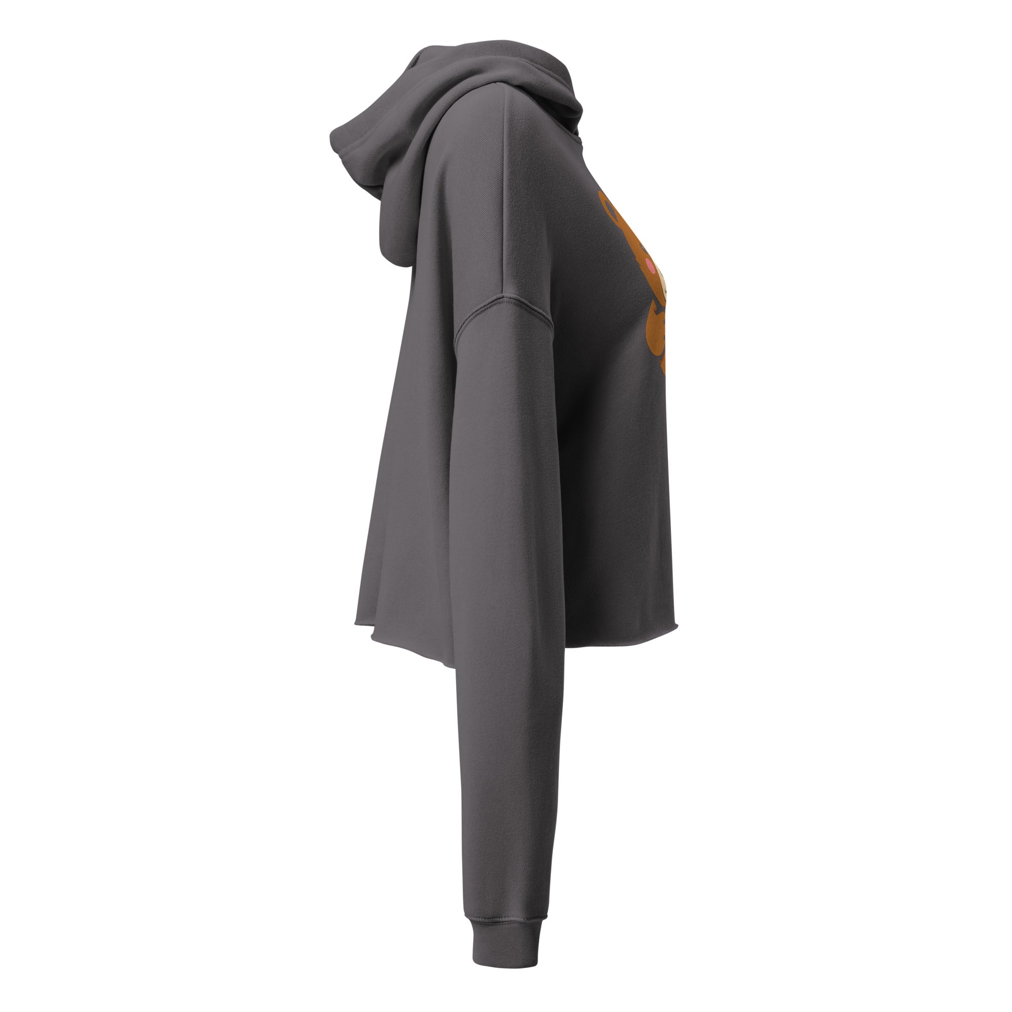 Side view of LuckeLadybug cute bear crop top hoodie in dark gray with long sleeves and hood