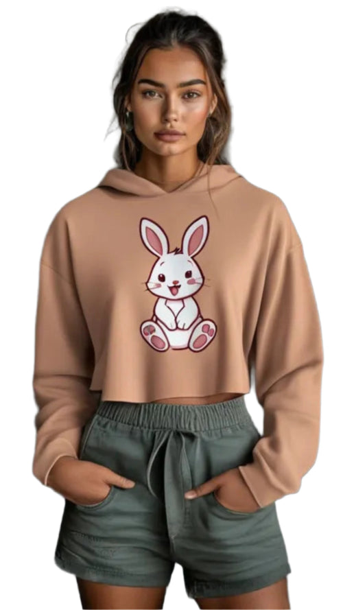 LuckeLadybug cute bunny crop top hoodie in beige with long sleeves and a front bunny graphic