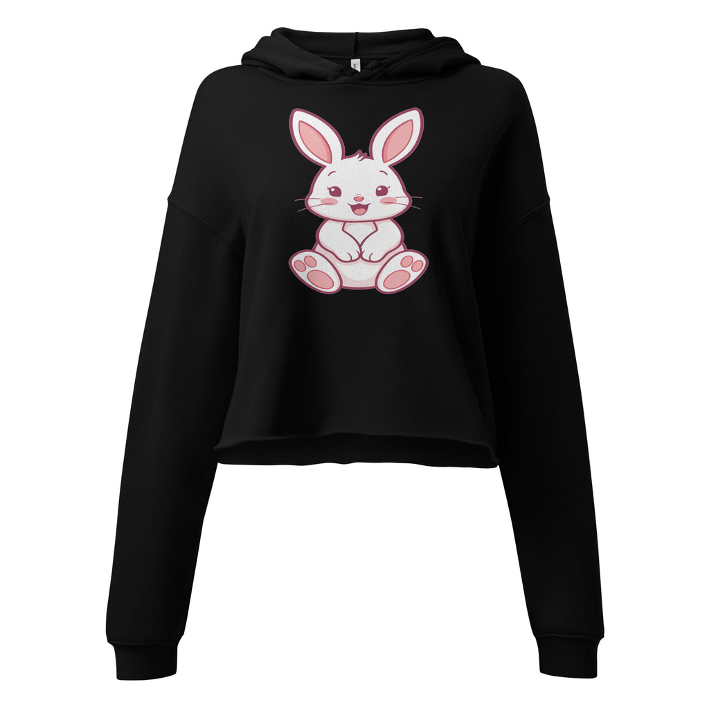 LuckeLadybug cute bunny crop top hoodie in black with a pink and white bunny graphic on front