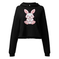 LuckeLadybug cute bunny crop top hoodie in black with a pink and white bunny graphic on front