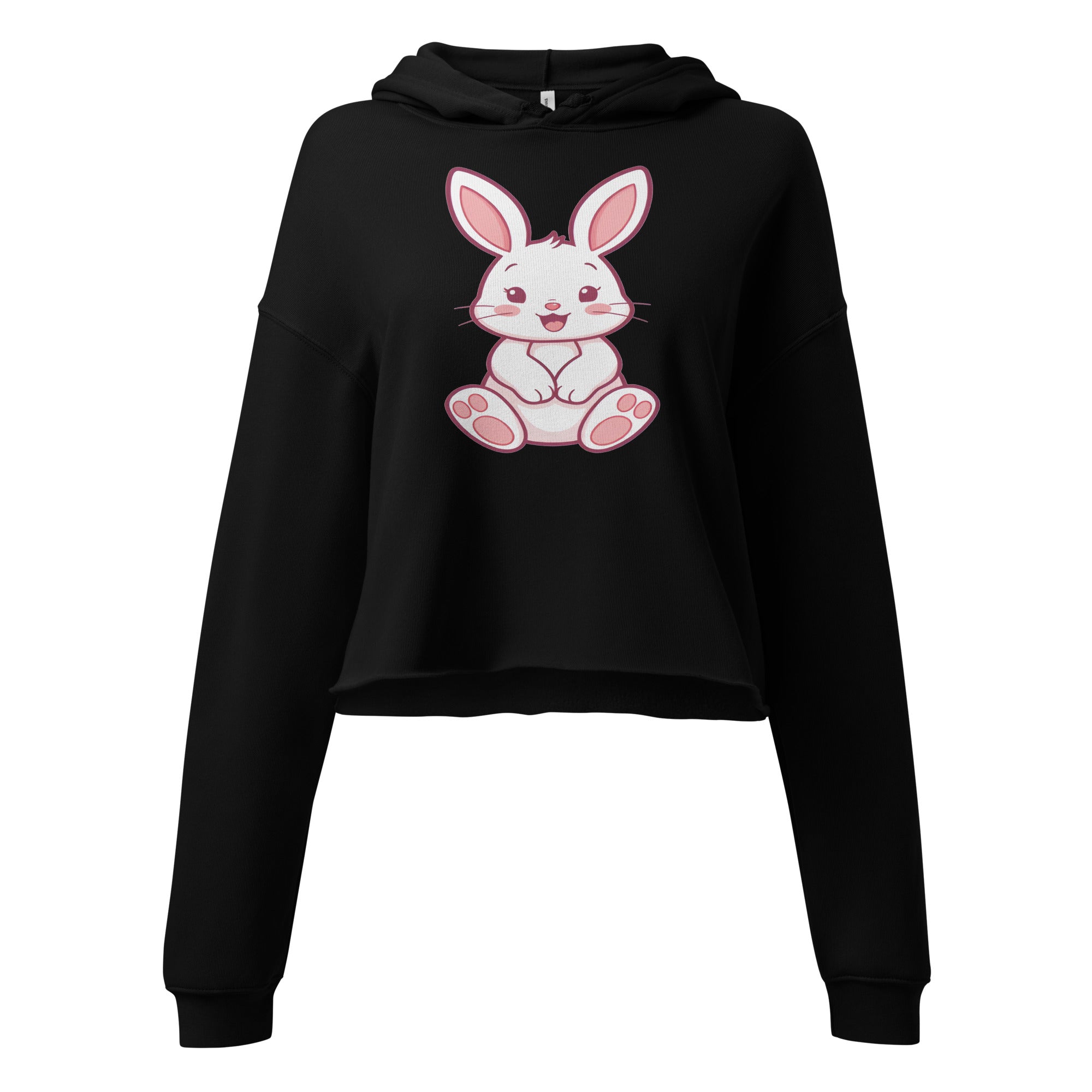 LuckeLadybug cute bunny crop top hoodie in black with a pink and white bunny graphic on front