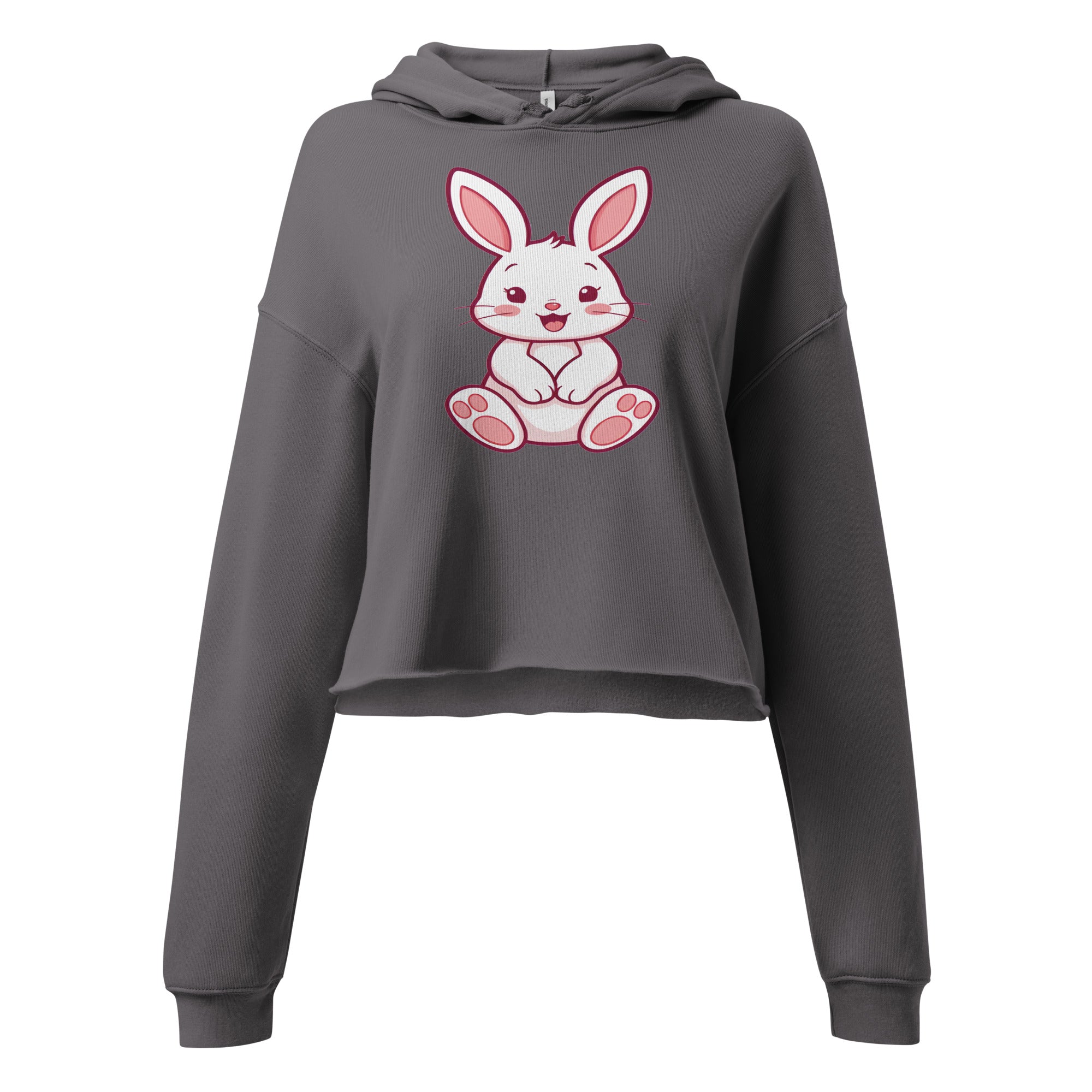 Gray cute bunny crop top hoodie with long sleeves and a front graphic of a smiling bunny