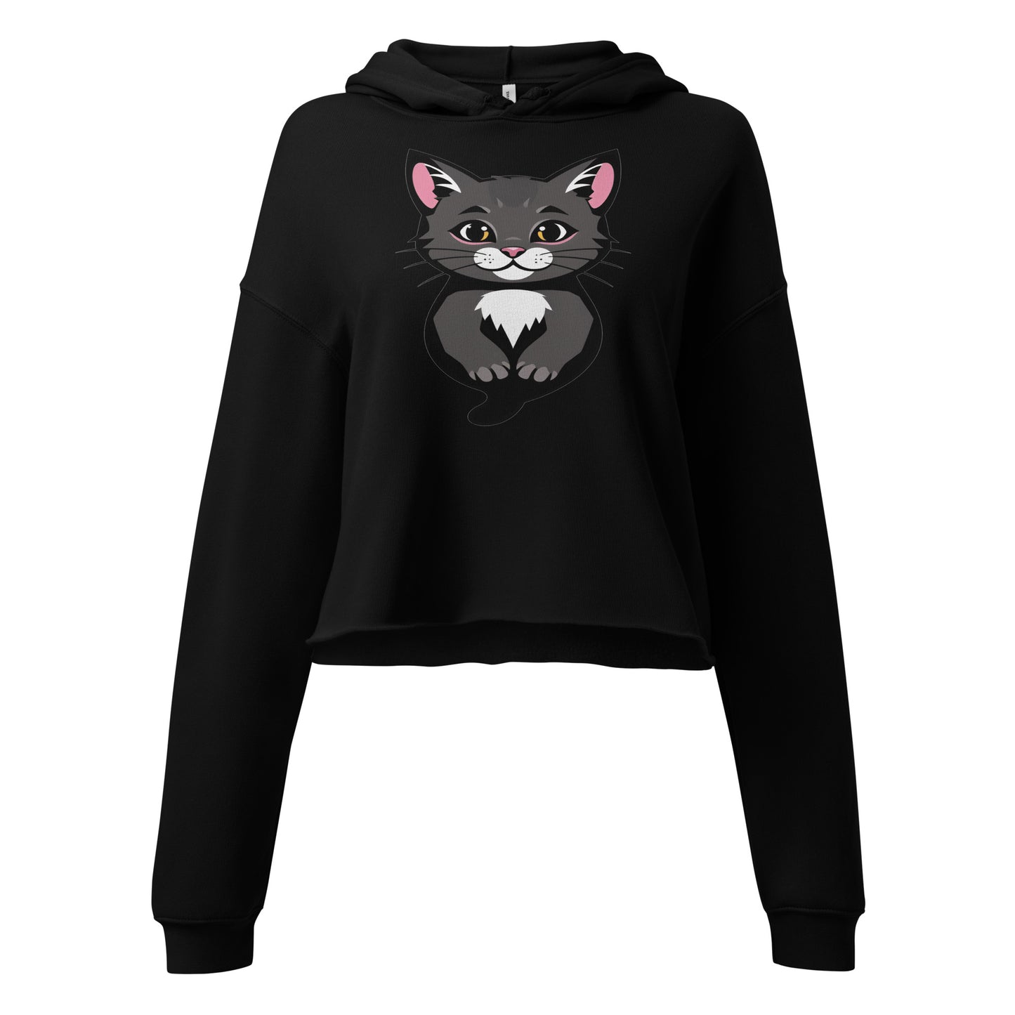 LuckeLadybug black crop top hoodie with cute cat illustration hoodie design on front