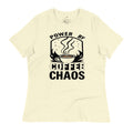 LuckeLadybug cute coffee t shirt for women with Power by Coffee Chaos black text and coffee cup graphic