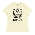 LuckeLadybug cute coffee t shirt for women with Power by Coffee Chaos black text and coffee cup graphic