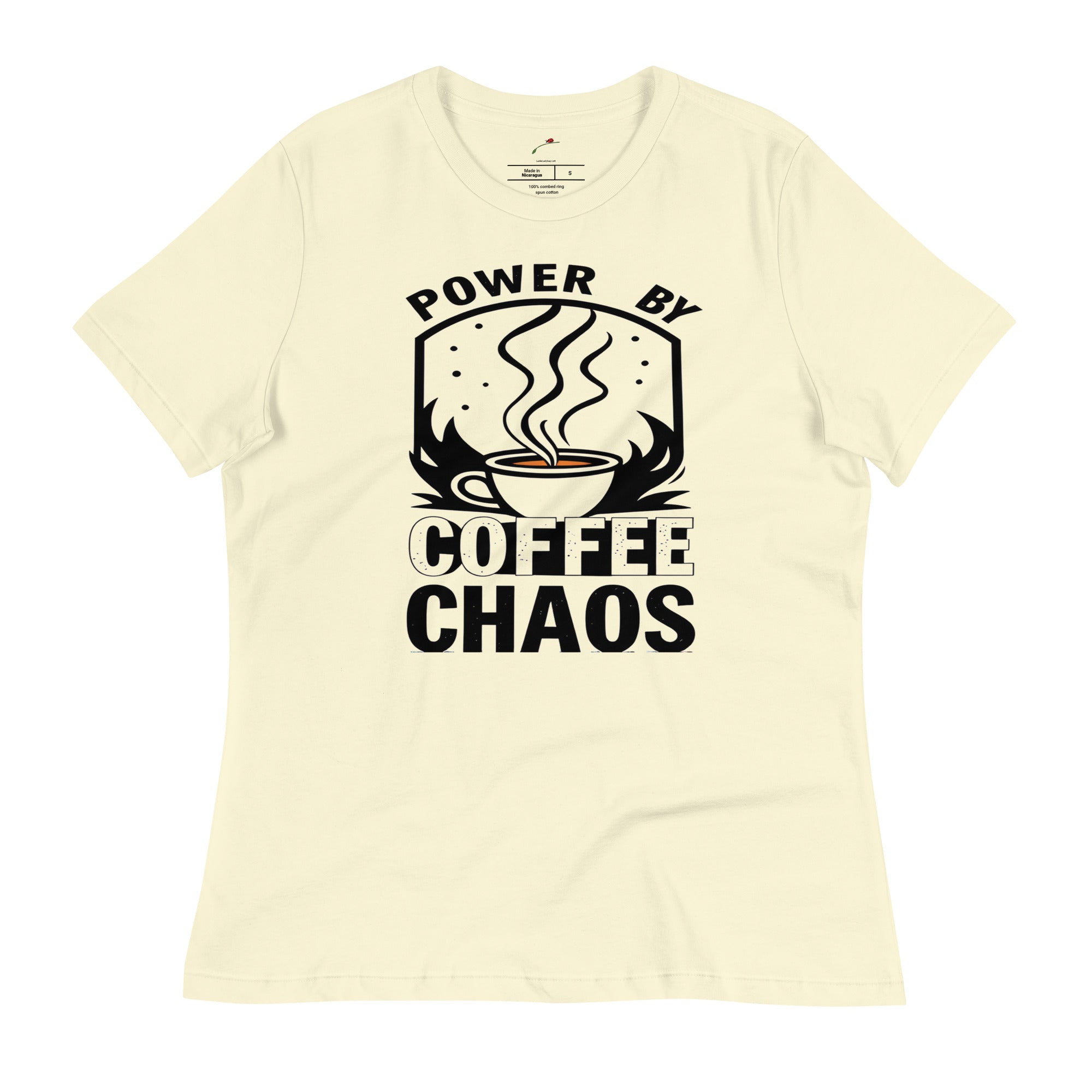 LuckeLadybug cute coffee t shirt for women with Power by Coffee Chaos black text and coffee cup graphic