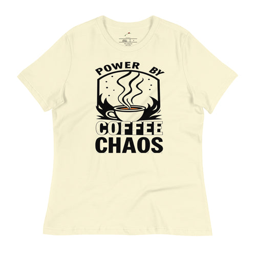LuckeLadybug cute coffee t shirt for women with Power by Coffee Chaos black text and coffee cup graphic
