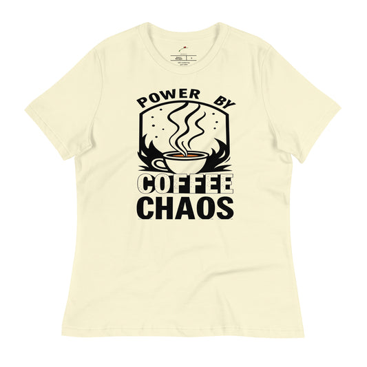 LuckeLadybug cute coffee t shirt for women with Power by Coffee Chaos black text and coffee cup graphic