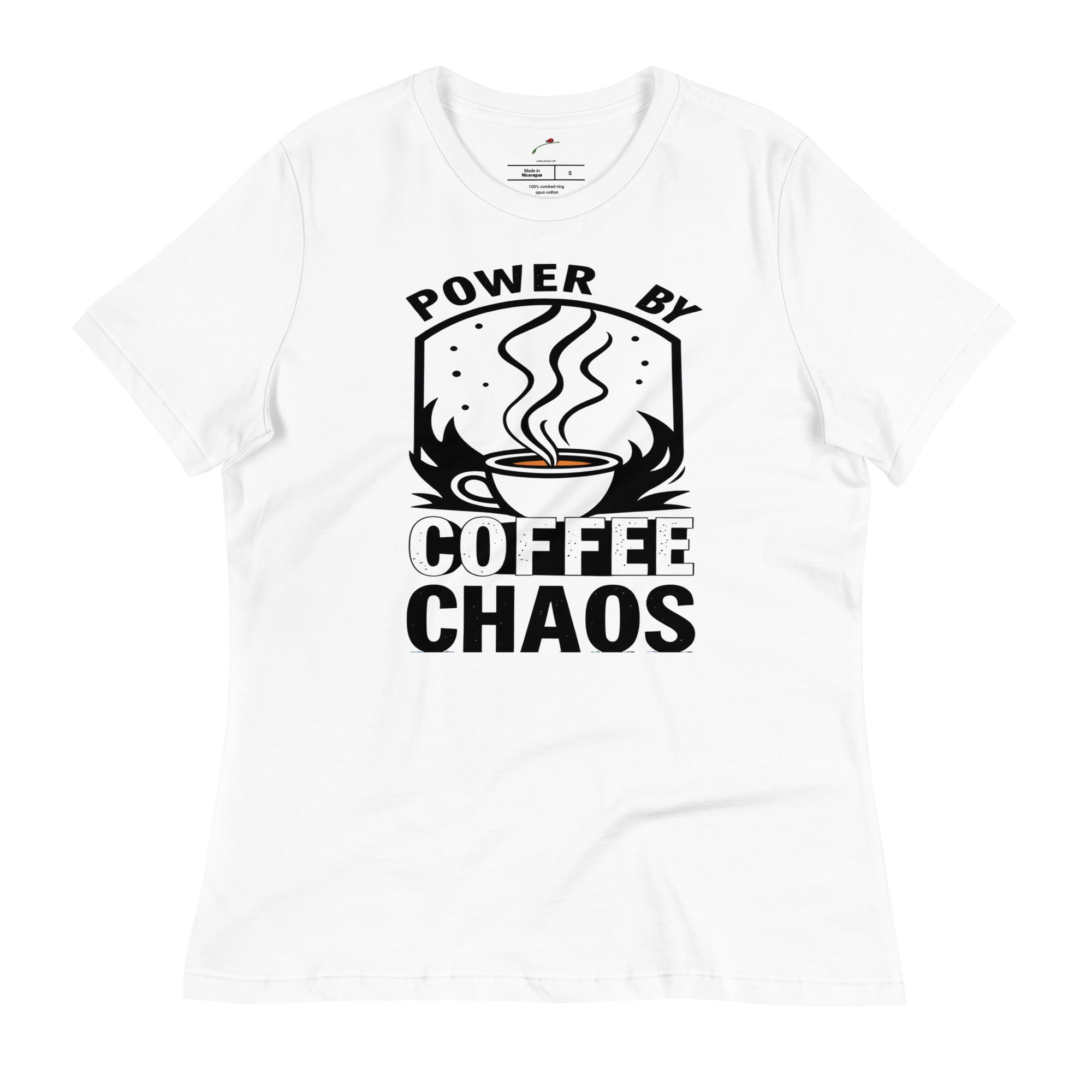 White cute coffee t shirt for women with Power By Coffee Chaos black graphic design