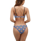 Inkedjoy cute floral bikini with pink and yellow flower design on blue background, shown from back