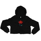 LuckeLadybug black crop top hoodie with cute floral cropped sweatshirt design featuring a red flower