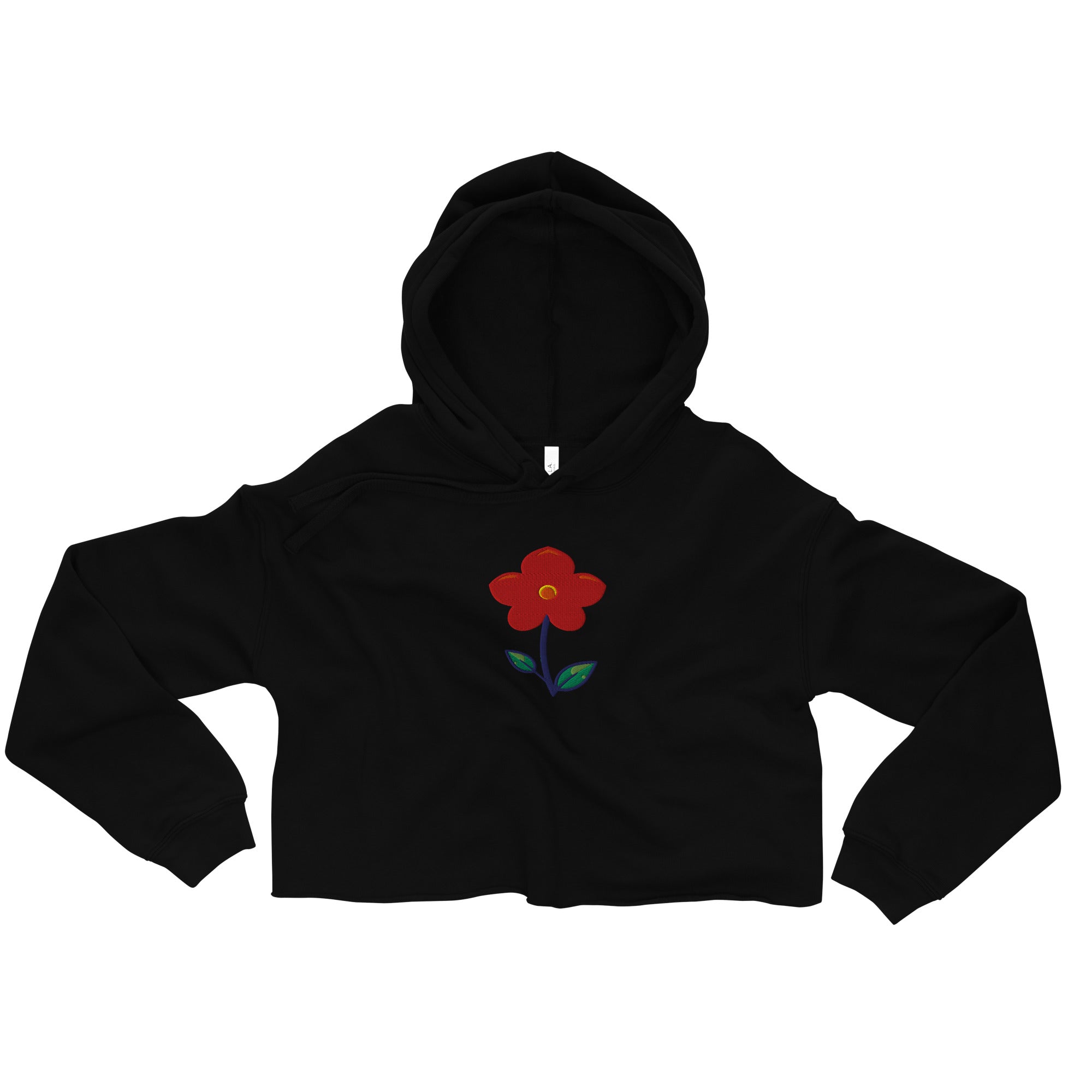 LuckeLadybug black crop top hoodie with cute floral cropped sweatshirt design featuring a red flower