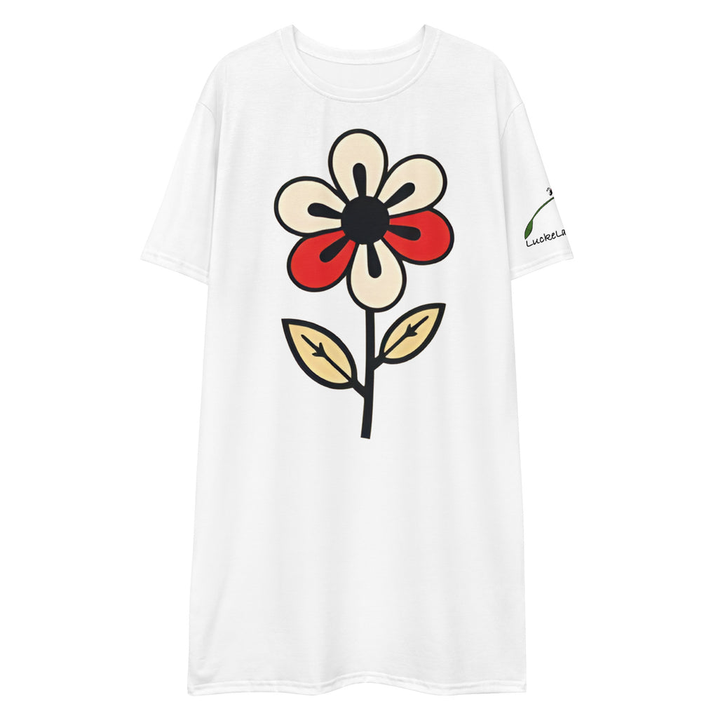 White cute flower t-shirt dress with large floral graphic and short sleeves by luckeladybug