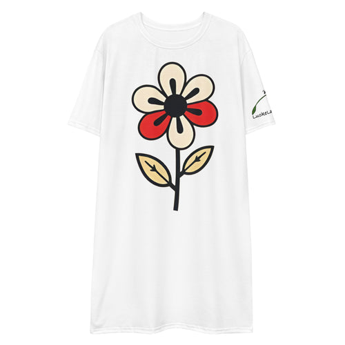 White cute flower t-shirt dress with large floral graphic and short sleeves by luckeladybug