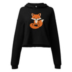 LuckeLadybug cute fox crop top hoodie in black with long sleeves and a fox graphic on the front