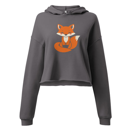 Grey cute fox crop top hoodie with long sleeves and a hood featuring an orange fox graphic