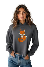 LuckeLadybug cute fox crop top hoodie in dark gray with a sitting fox graphic and long sleeves