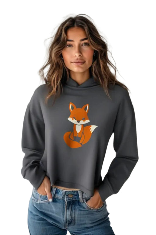 LuckeLadybug cute fox crop top hoodie in dark gray with a sitting fox graphic and long sleeves