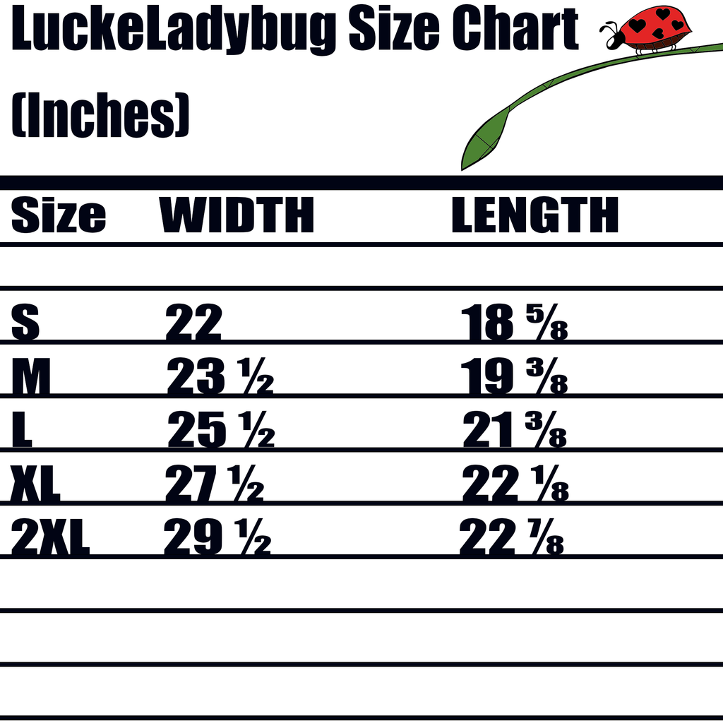 LuckeLadybug size chart in inches for cute fox crop top hoodie showing width and length measurements for sizes S to 2XL