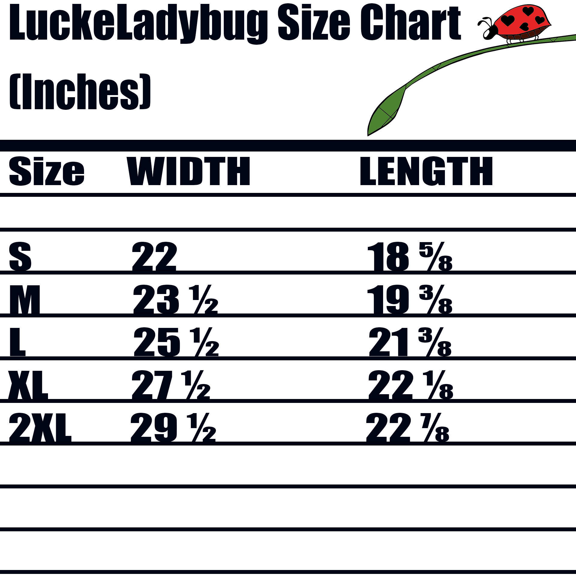 LuckeLadybug size chart in inches for cute fox crop top hoodie showing width and length measurements for sizes S to 2XL