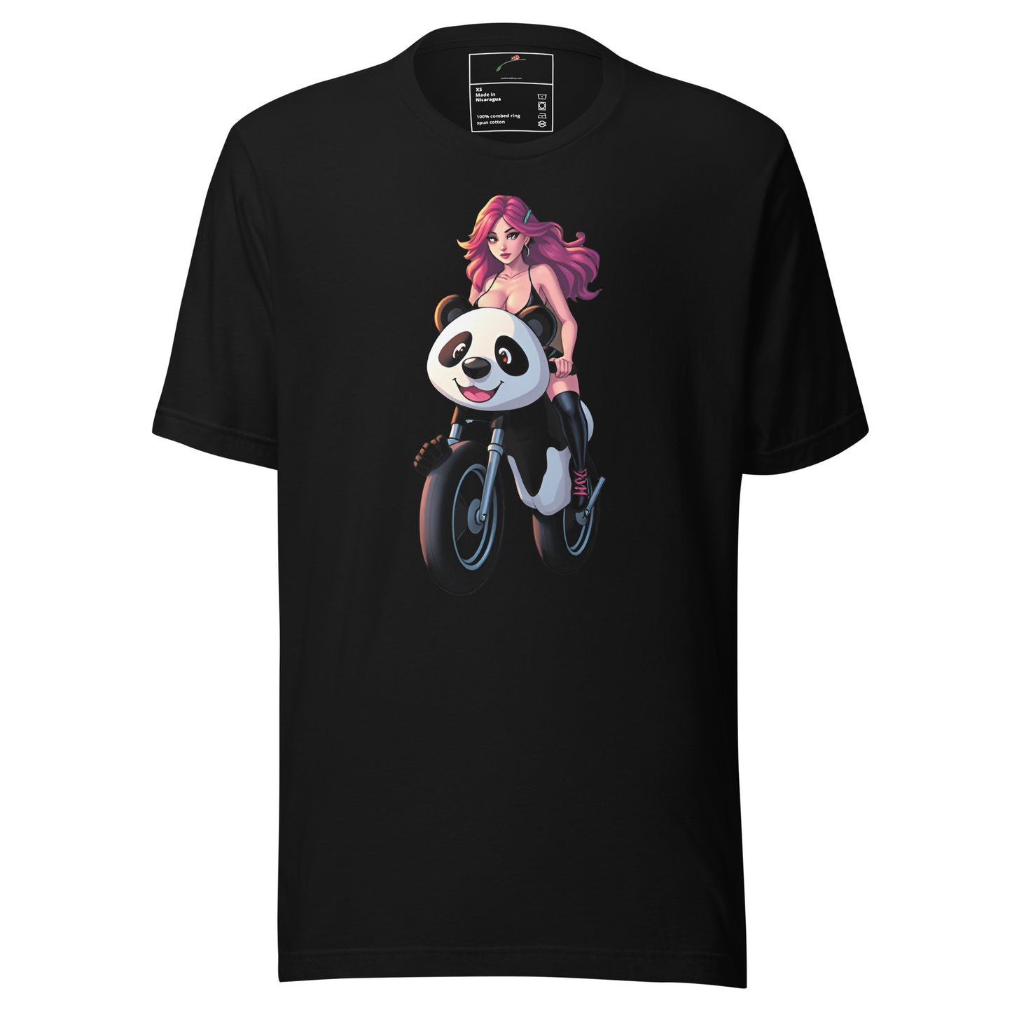 LuckeLadybug black T-shirt featuring a cute graphic panda tee with a girl riding a panda bike