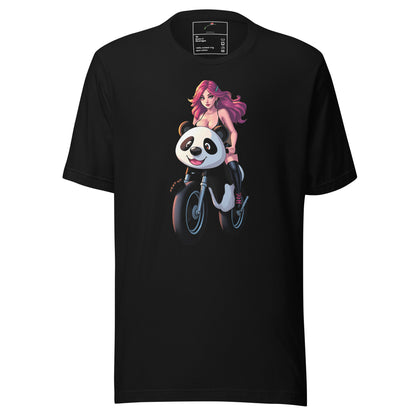 LuckeLadybug black T-shirt featuring a cute graphic panda tee with a girl riding a panda bike