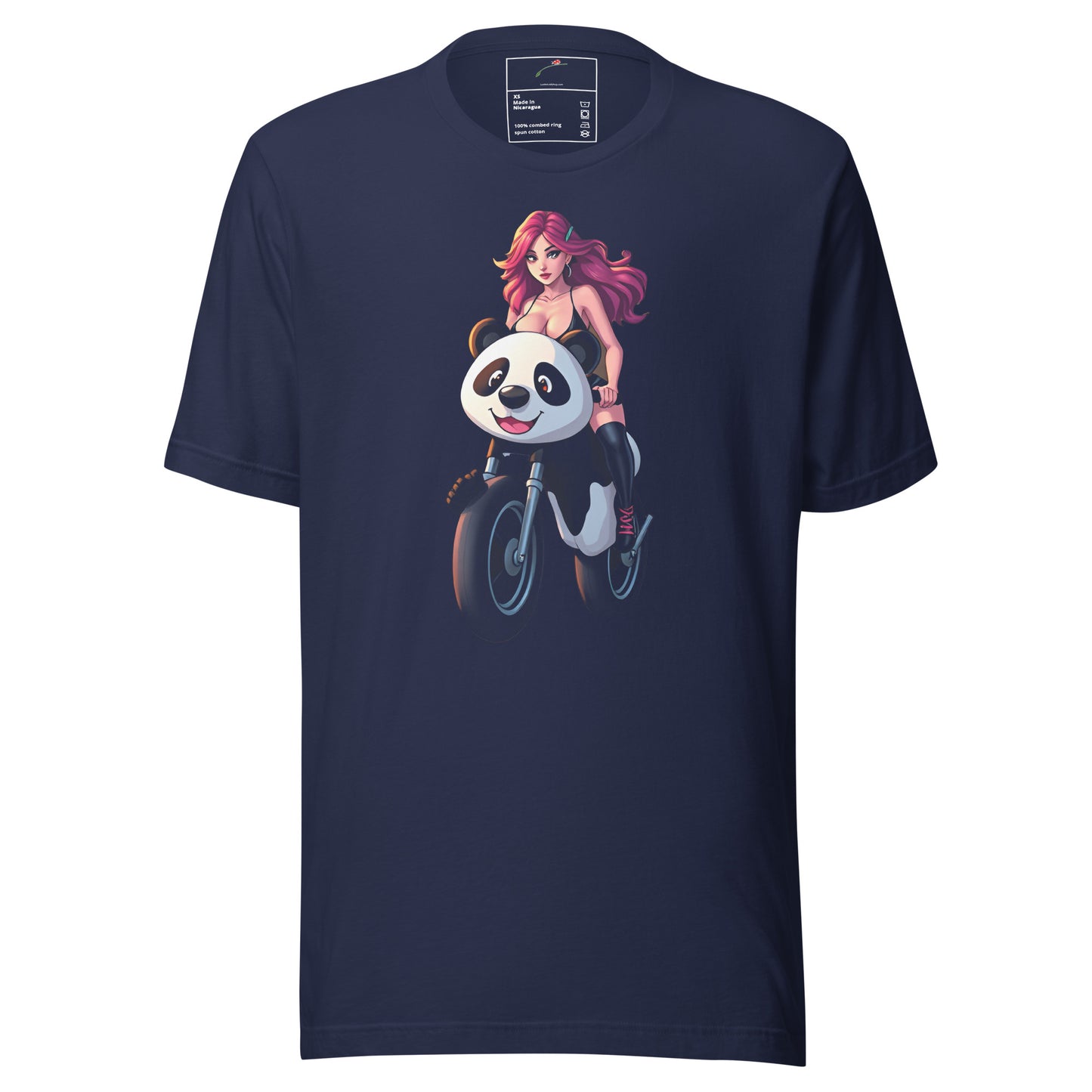 Navy LuckeLadybug T-shirt with cute graphic panda tee design of woman riding bike with panda face