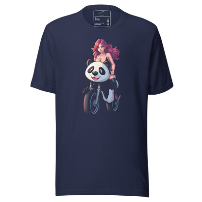 Navy LuckeLadybug T-shirt with cute graphic panda tee design of woman riding bike with panda face