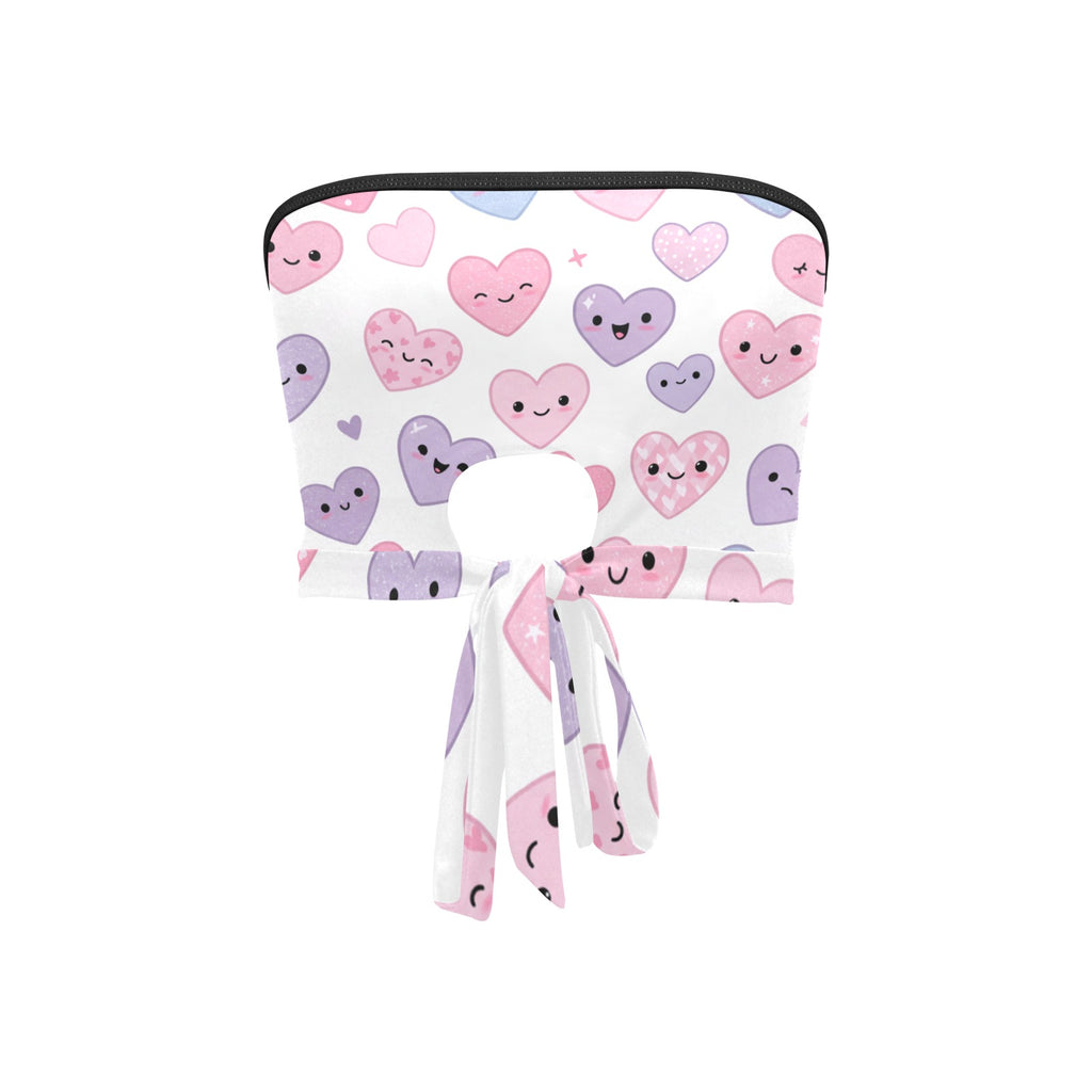 Inkedjoy cute hearts bandeau top white with tie closure and pink purple smiling heart pattern